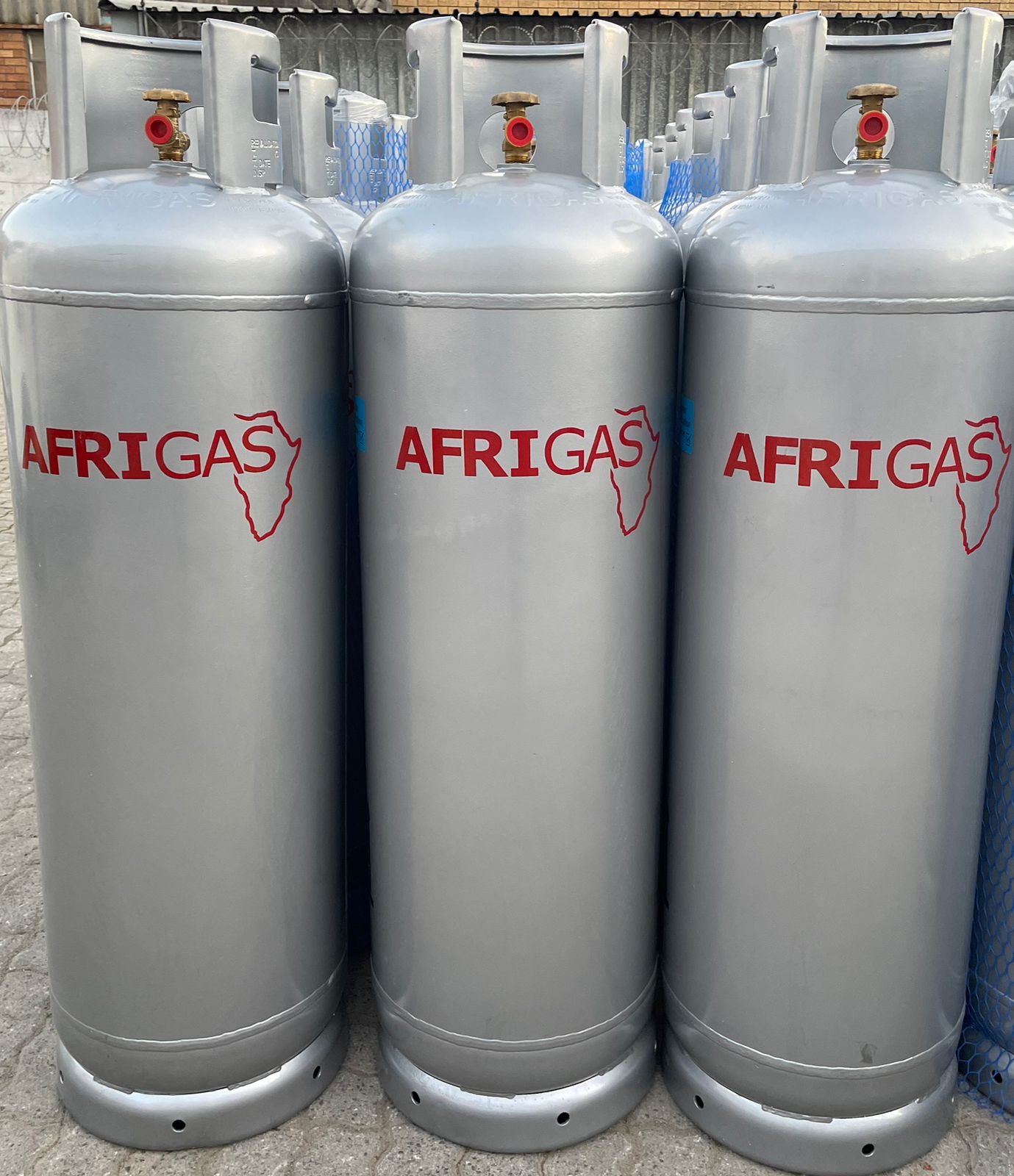 Afrigas branded gas cylinders stacked and ready for distribution